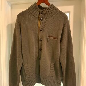 Khaki Green Men’s XL Button-up Sweater w/Leather Details